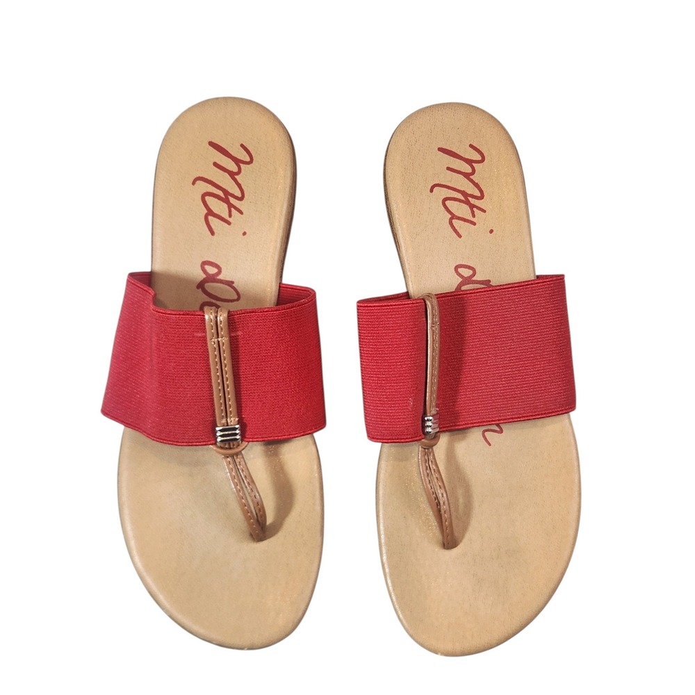 Mti Design Slide Sandals Womens Size 7 Red Tan Elastic T-Strap Casual Flat